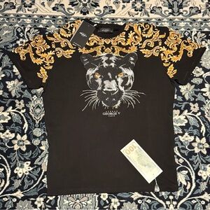 George V Black Gold Designer Men’s Rhinestone Tee Shirt  (L)